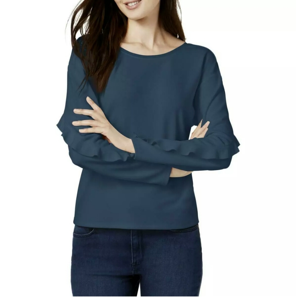 Bar III Ruffled Casual Long Sleeve Top Blouse - Picture 1 of 13